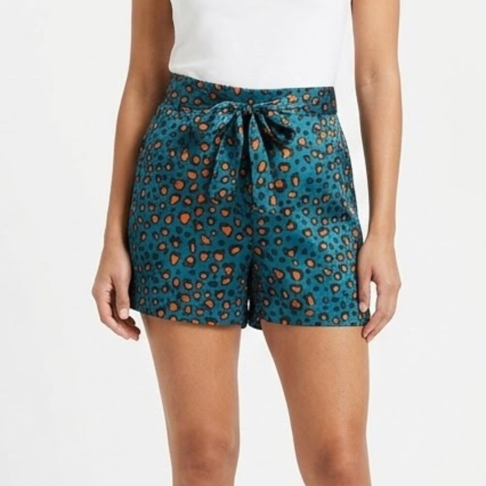 New York & Company Teal Orange Leopard Print Tie Waist Satin Shorts Size L